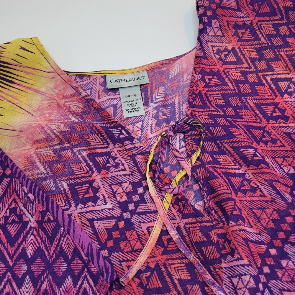 Catherines Women Poncho Top Size 0X/1X Sheer Multicolor Geometric Print Lace Up